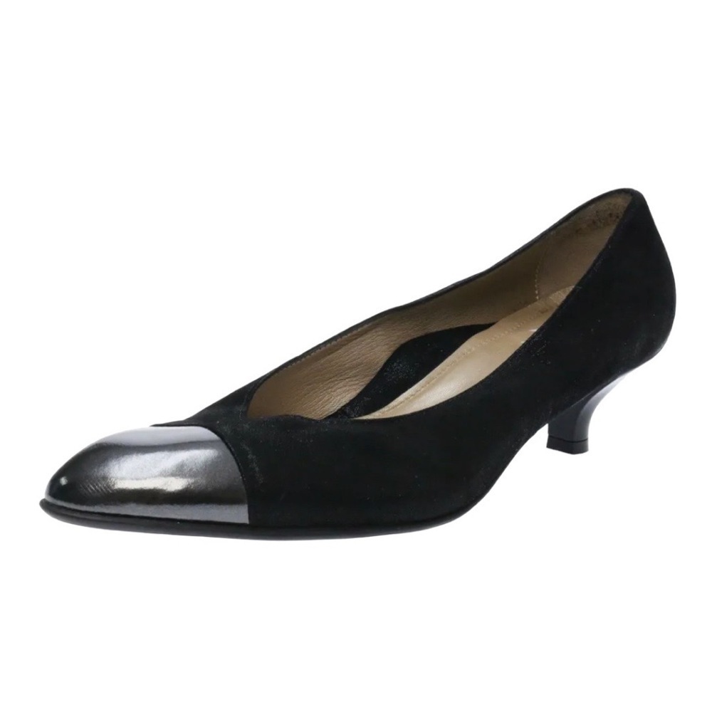 BEAUTIFEEL ALICE BLACK GLITTER SUEDE/TITANIUM PATENT CAP TOE KITTEN HEEL PUMP